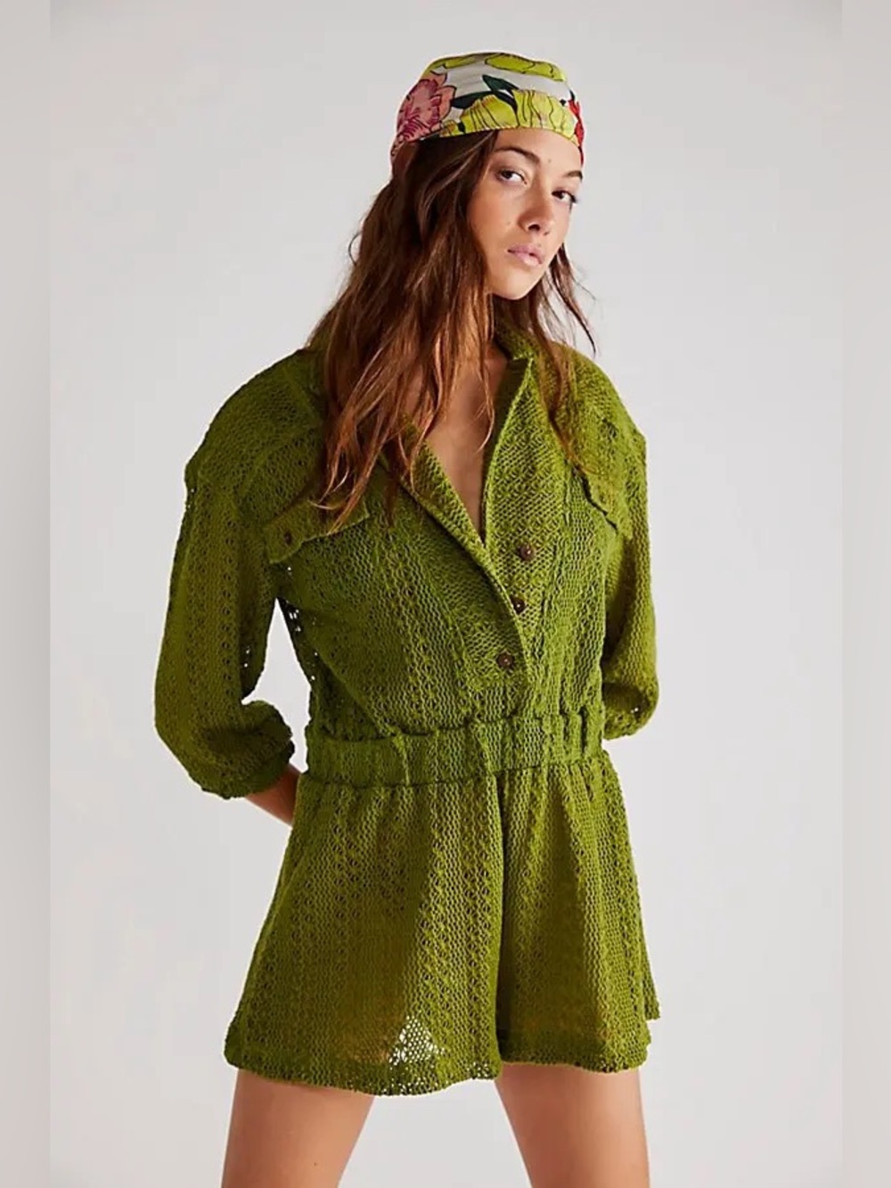 Free People Beach Ryan Knit Crochet Romper One Piece Olive Green Size Medium